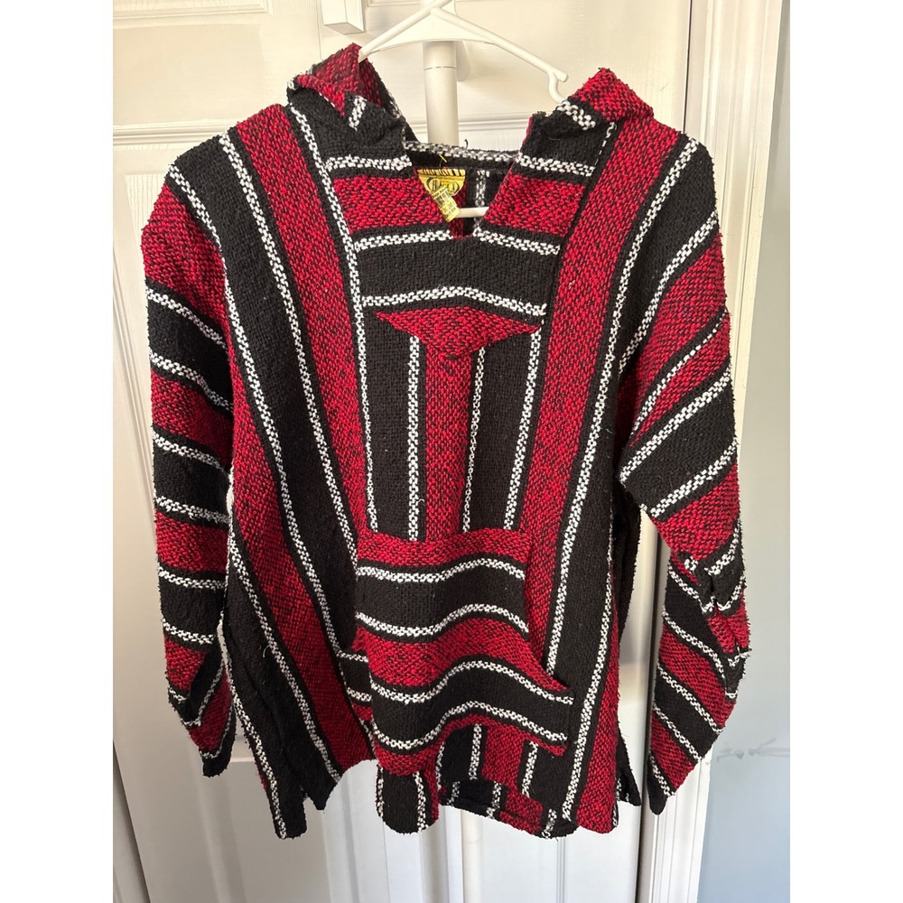 Franks Red Black Striped Baja Hoodie Mexican Jerka Pullover Recycled Fibers M